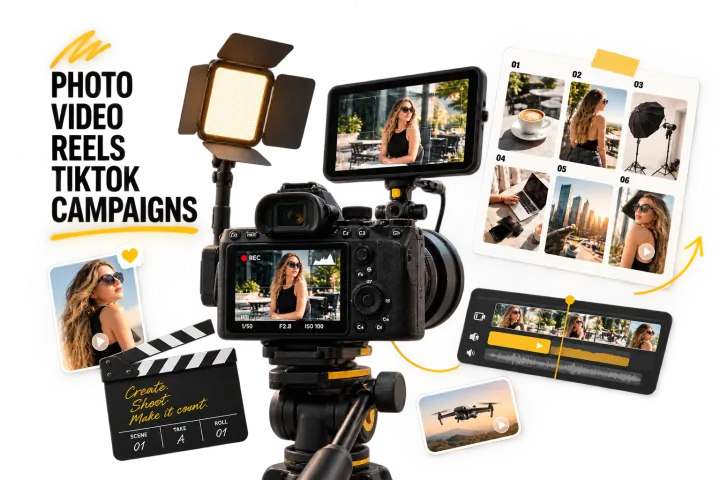 Setup de producție Olexis cu cameră, lumină, monitor și contact sheet