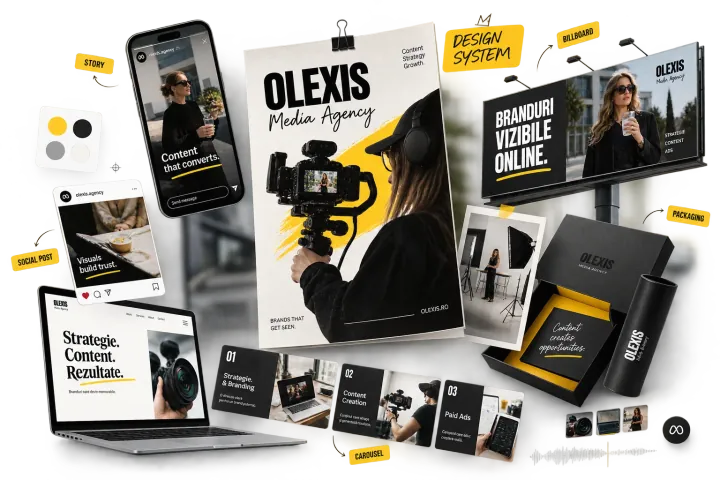Sistem vizual Olexis aplicat în social media, billboard, web și packaging
