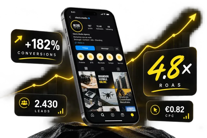 Telefon Olexis înconjurat de indicatori de performanță și creștere